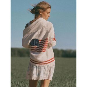 Anthropologie Maeve Shawl Collar American Flag Cardigan Sweater USA 2X